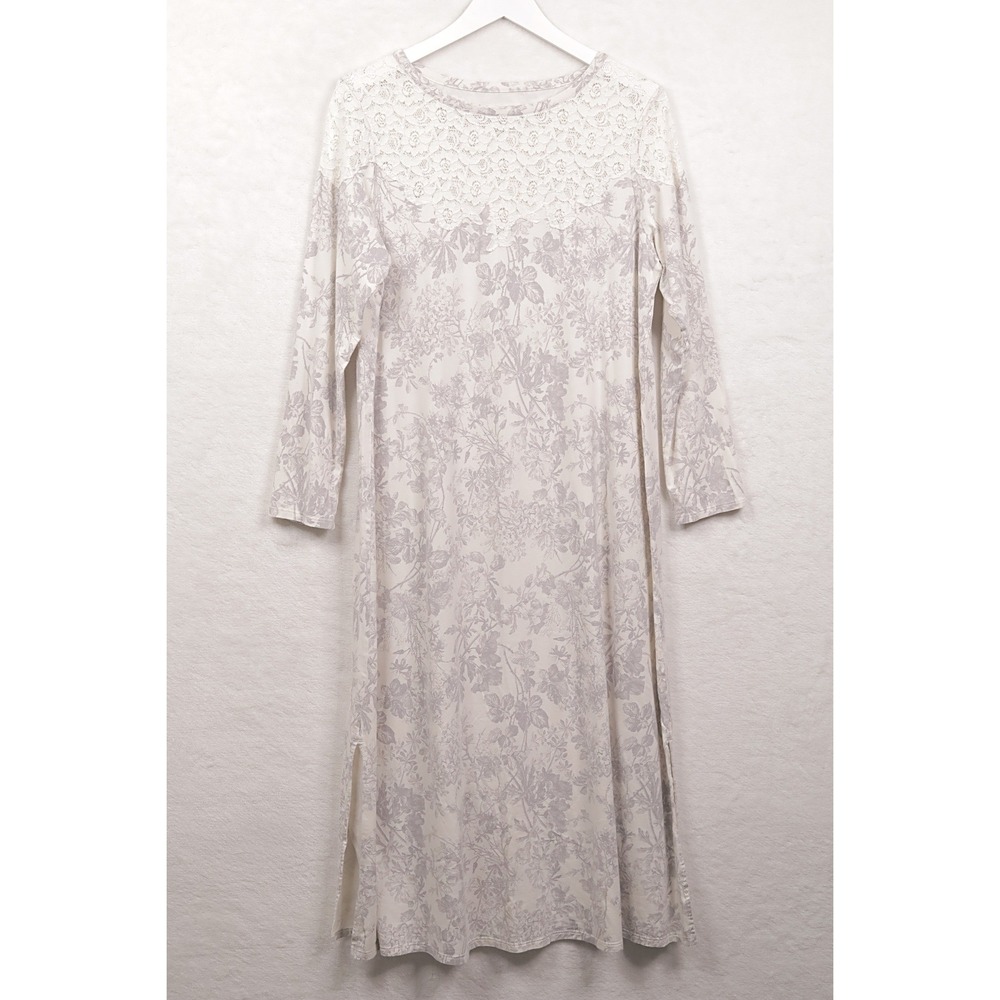 J JILL Dream Supima Lace Applique Nightgown Floral Sleep Gown Gray Sz M Petite